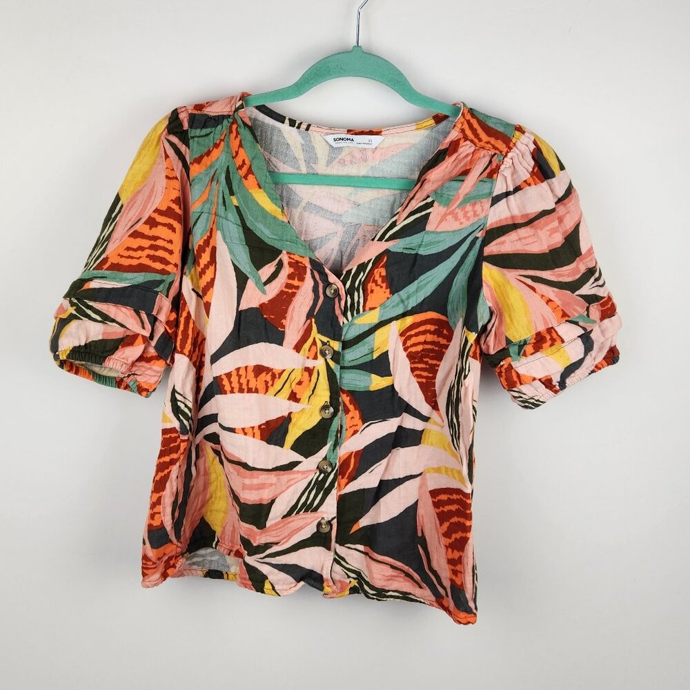 Sonoma Gauzy Cotton Tropical Floral Button Up Short Sleeve Top XS